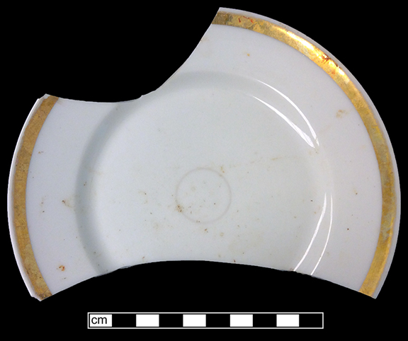 Continental European hard paste porcelain plate with gold gilt rim. Rim diameter: 6.25&rdquo;, from 18BC27, Feature 30.